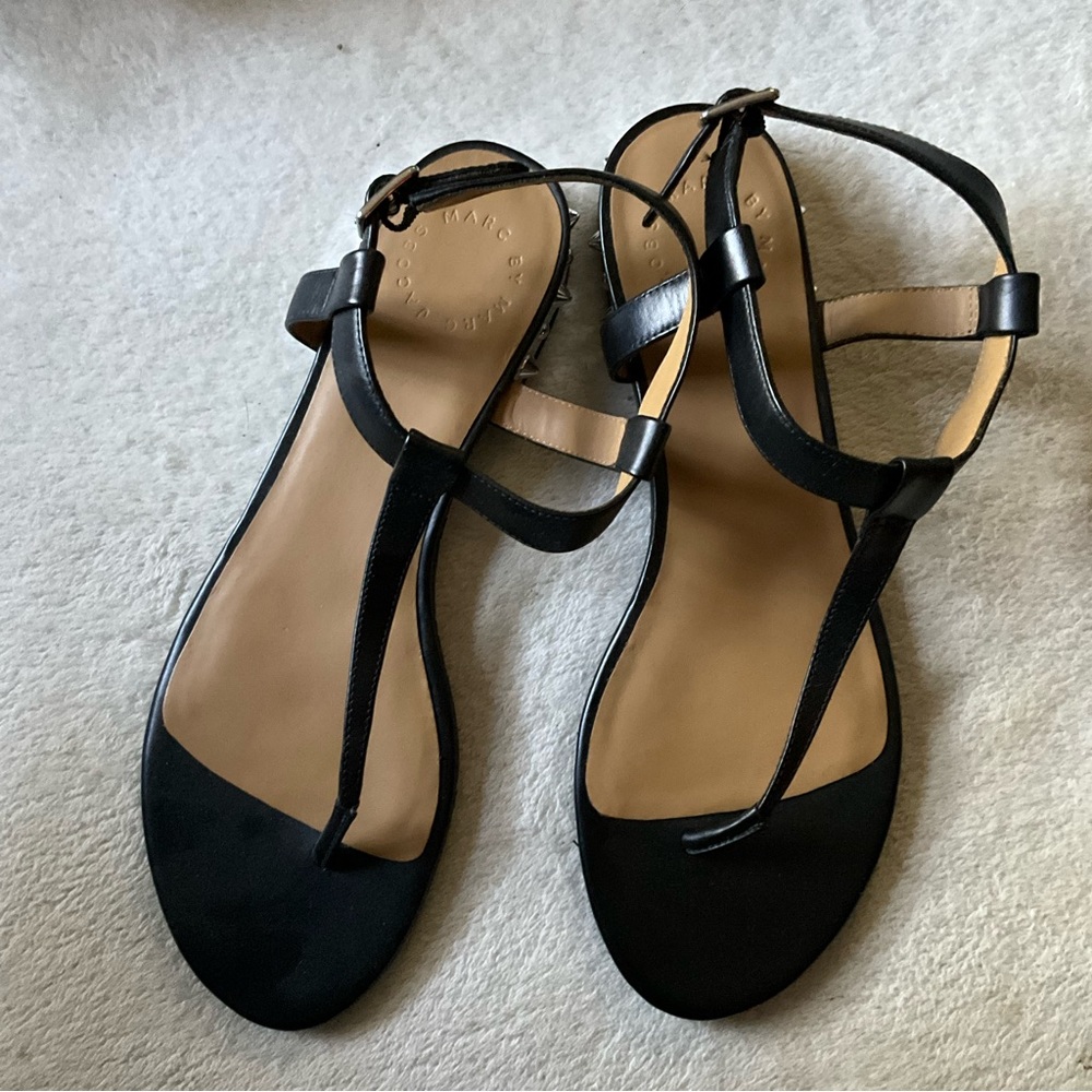 New Marc by Marc Jacobs black leather ankle strap thong, spike wrapped heel 38 8